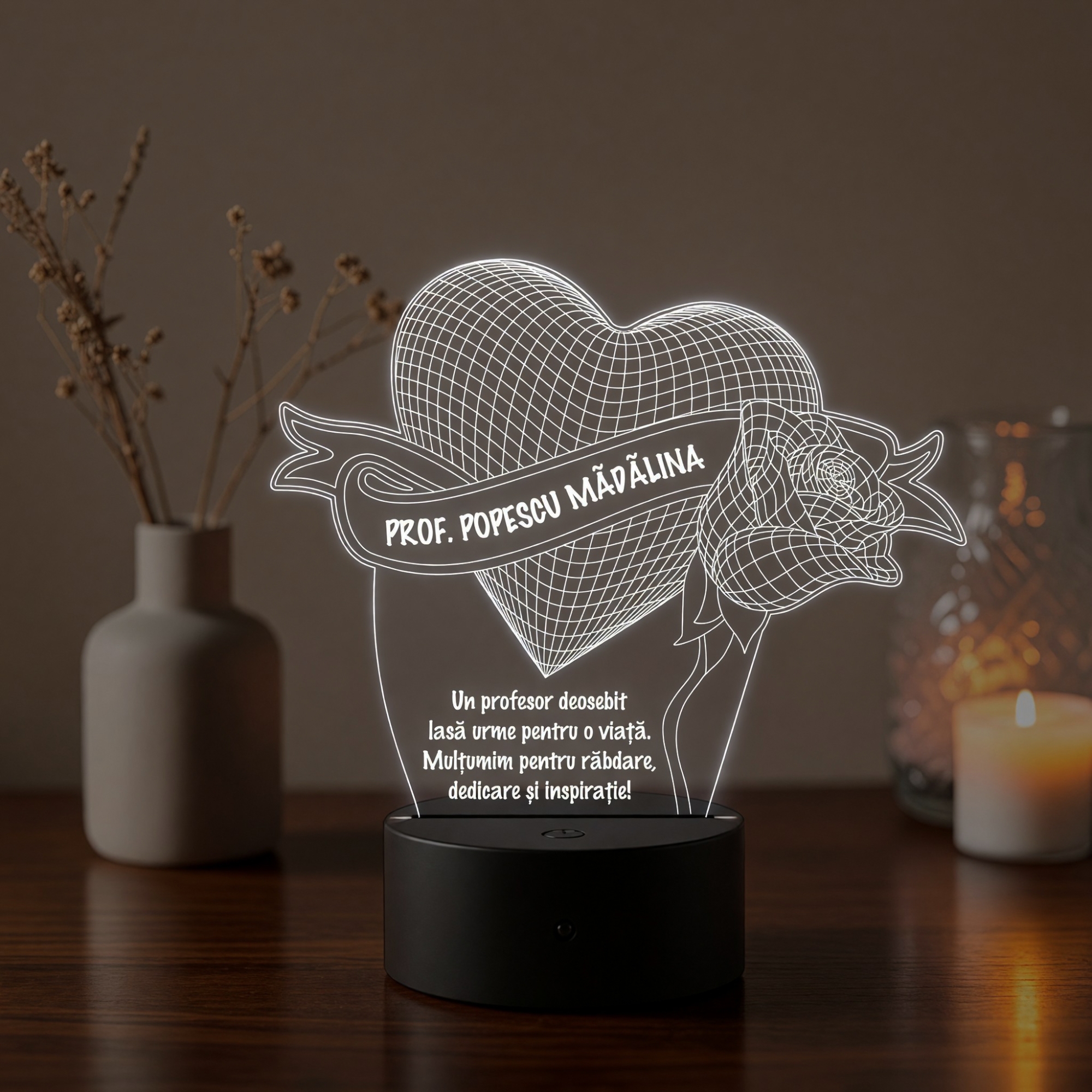 Lampă LED 3D Personalizată – Inimă cu Trandafir și Mesaj