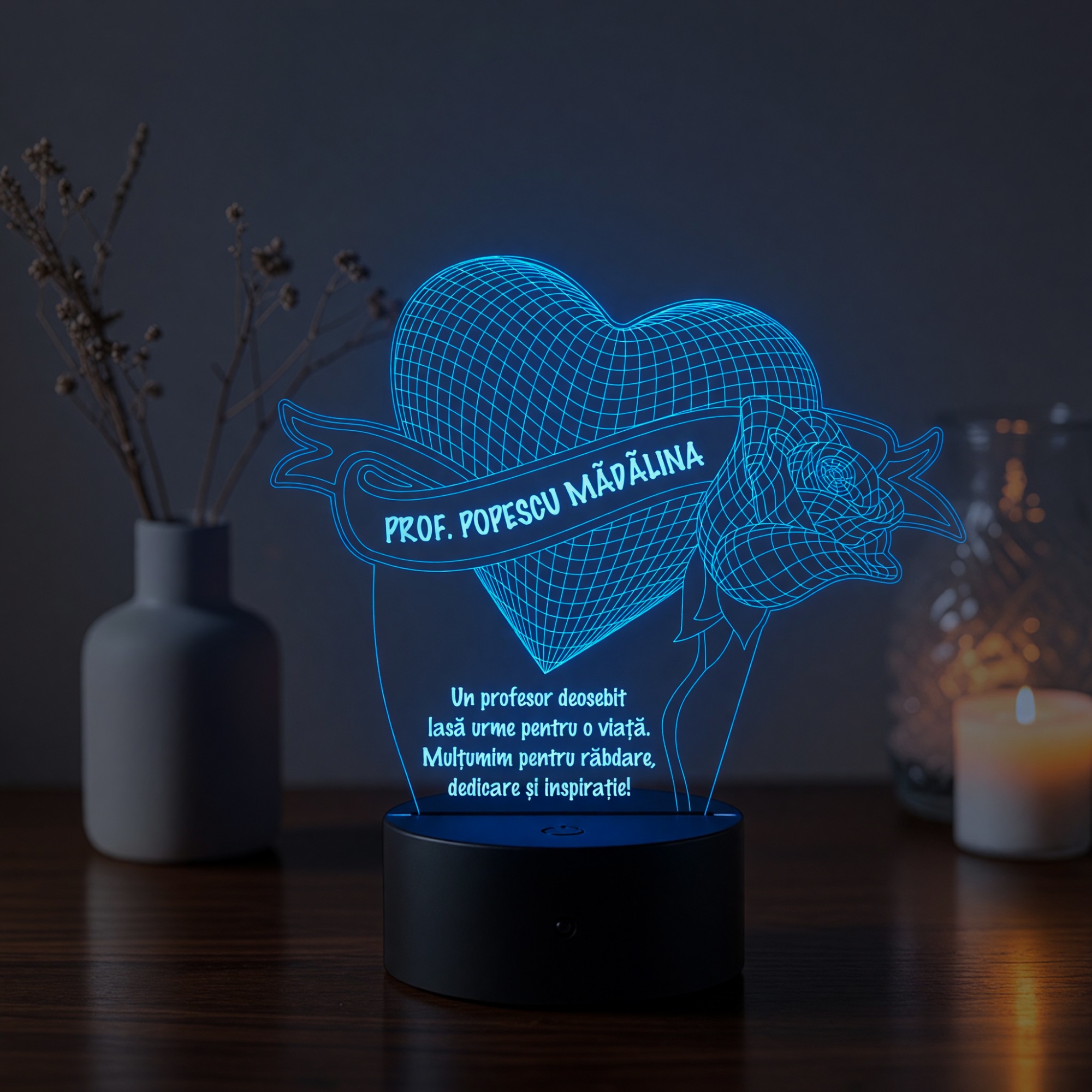 Lampă LED 3D Personalizată – Inimă cu Trandafir și Mesaj