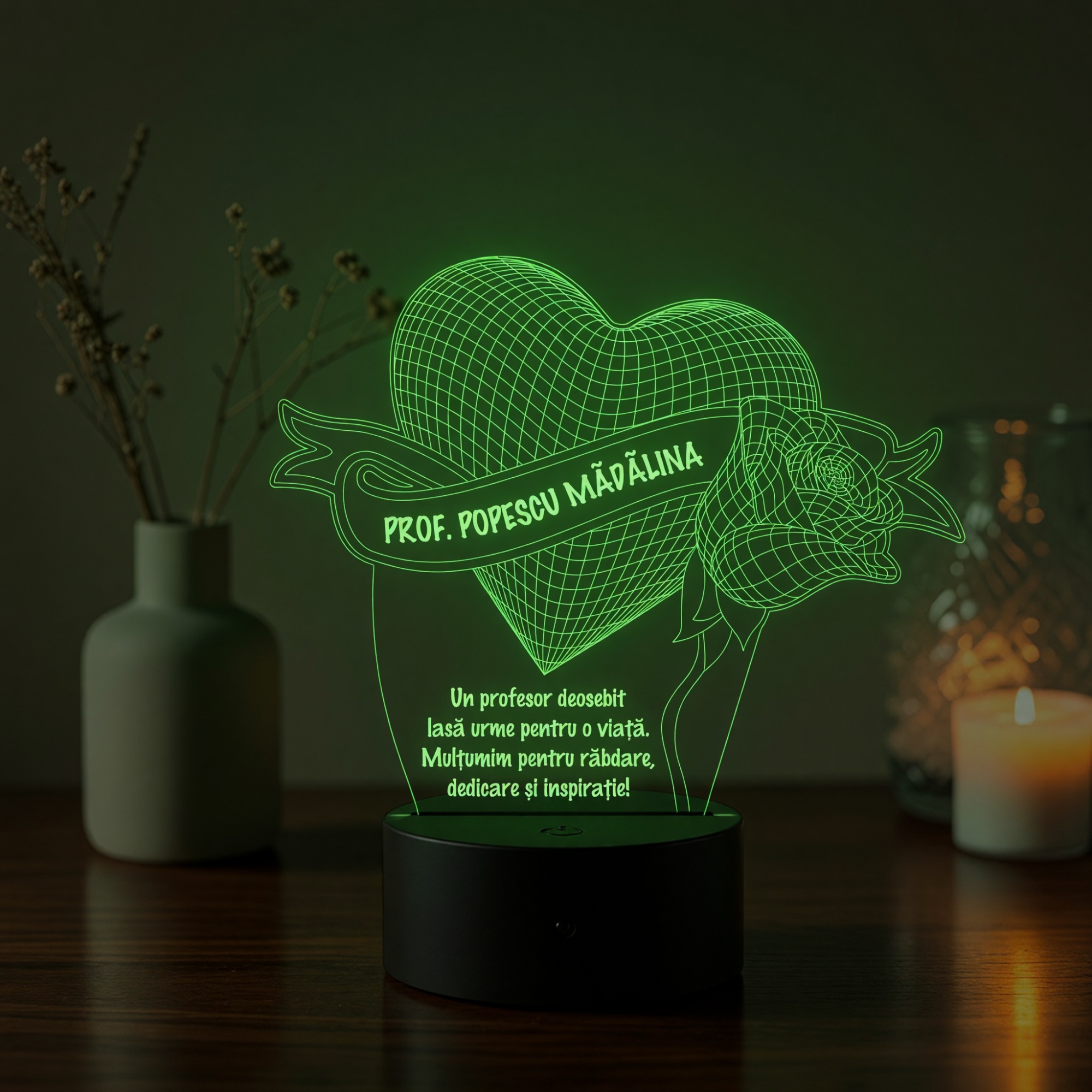 Lampă LED 3D Personalizată – Inimă cu Trandafir și Mesaj