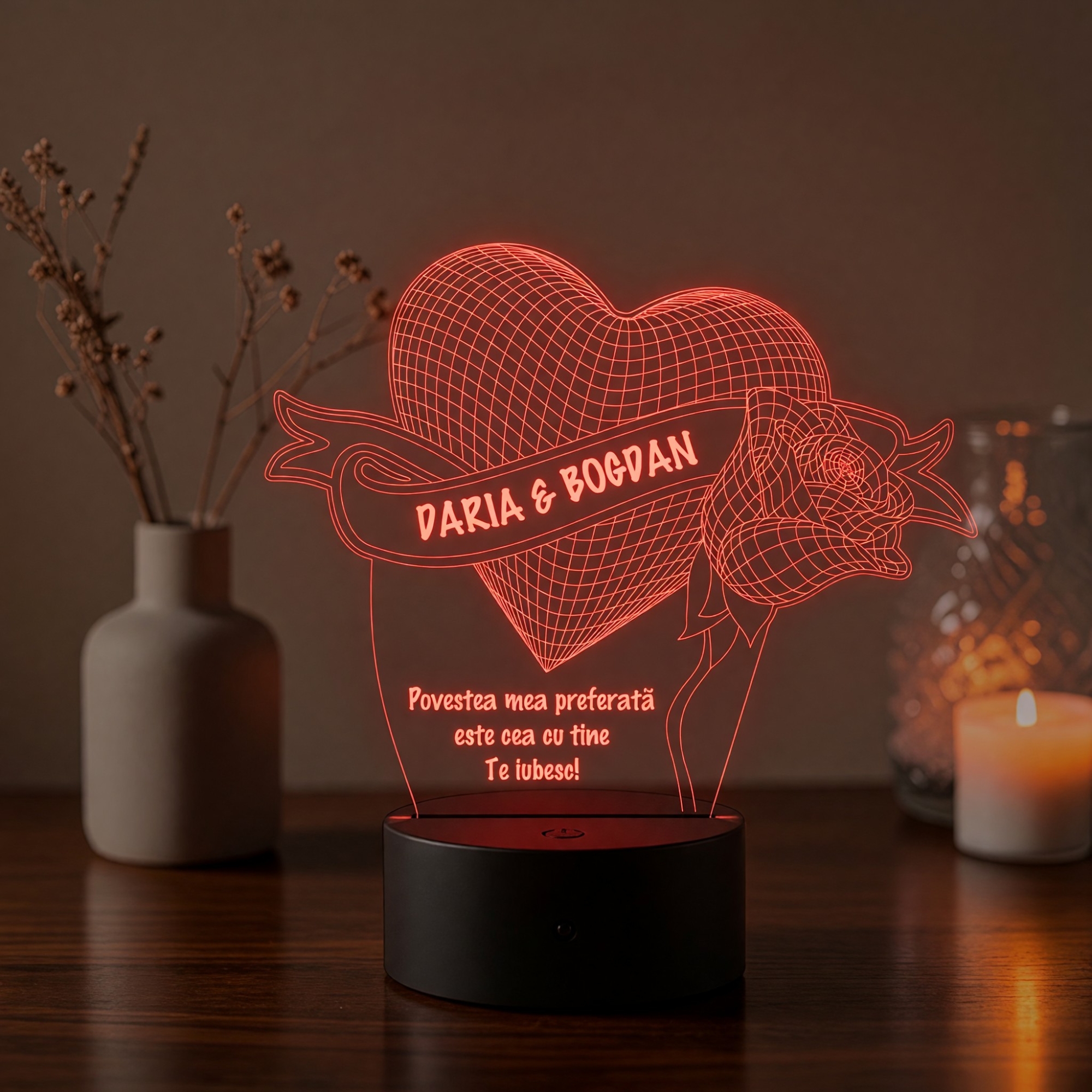 Lampă LED 3D Personalizată – Inimă cu Trandafir și Mesaj