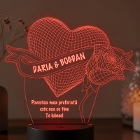 Lampă LED 3D Personalizată – Inimă cu Trandafir și Mesaj