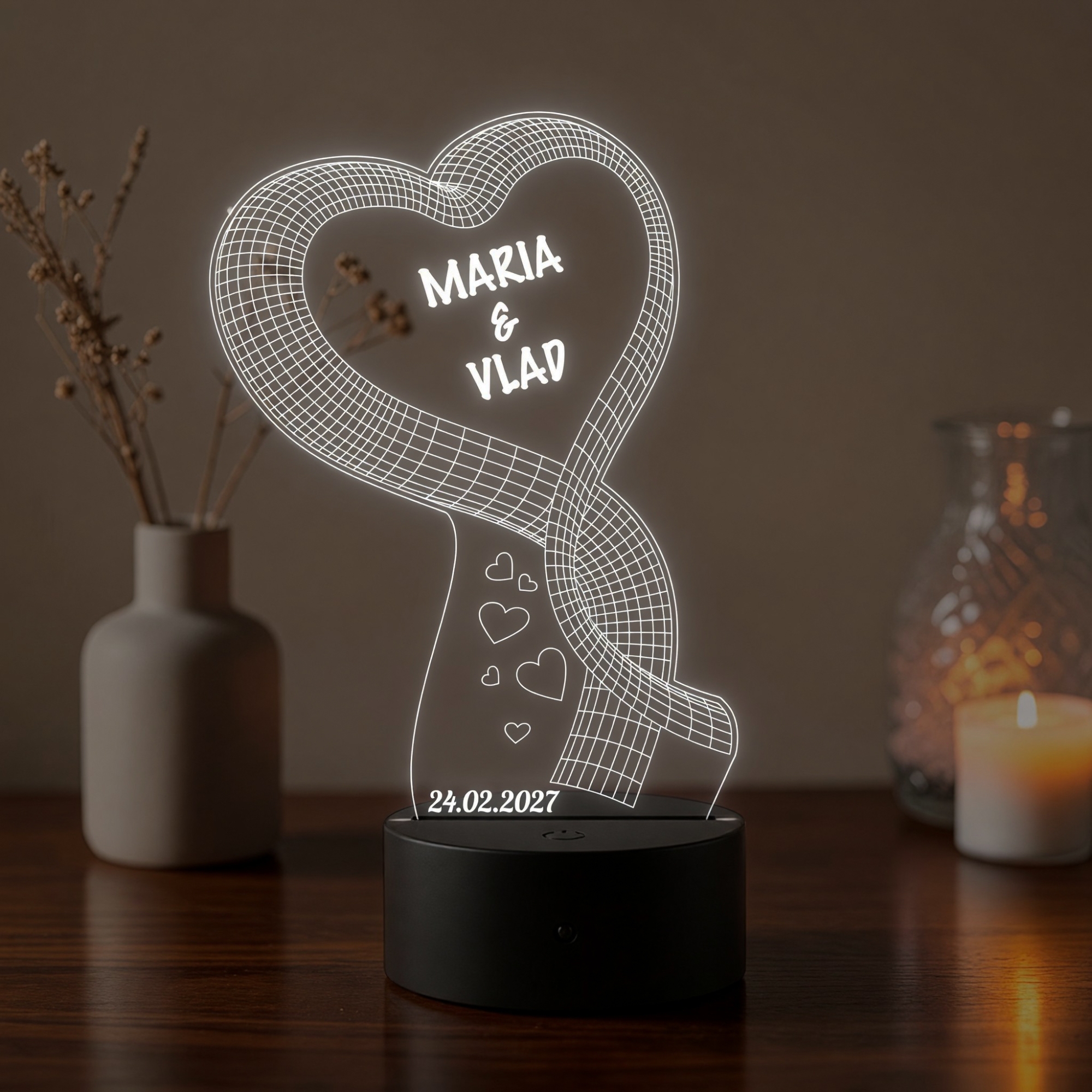 Lampă LED 3D Personalizată – Inimă cu Fundă, Mesaj și Dată
