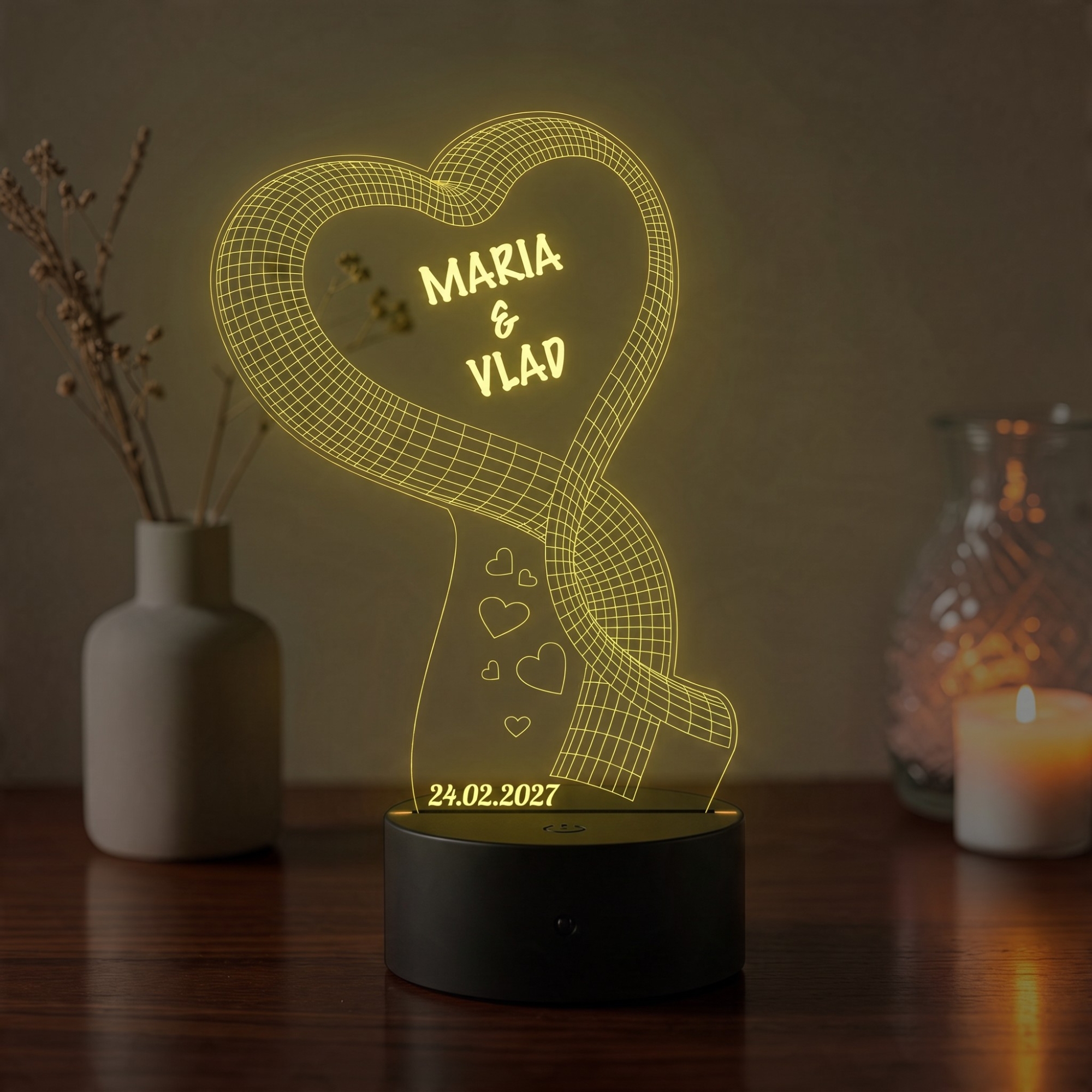 Lampă LED 3D Personalizată – Inimă cu Fundă, Mesaj și Dată