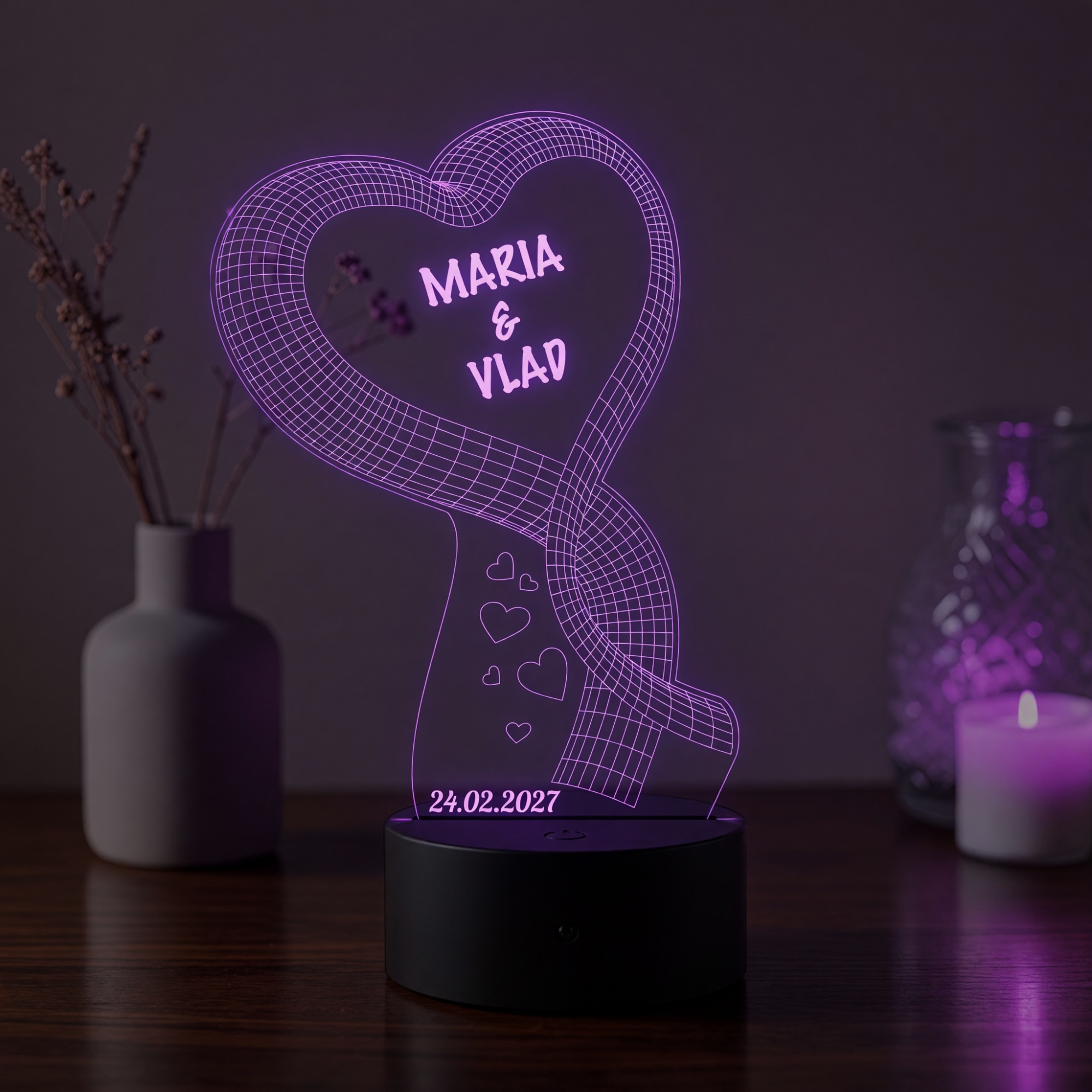 Lampă LED 3D Personalizată – Inimă cu Fundă, Mesaj și Dată