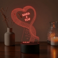 Lampă LED 3D Personalizată – Inimă cu Fundă, Mesaj și Dată