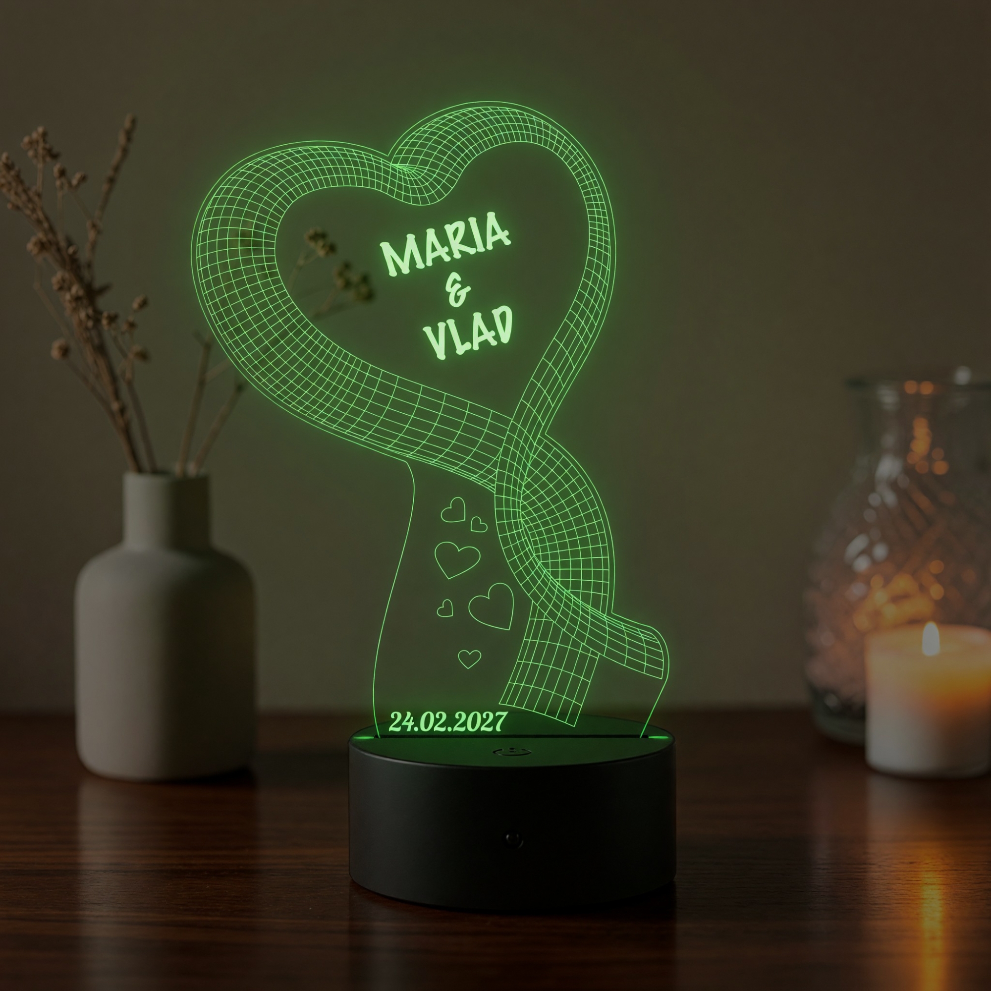 Lampă LED 3D Personalizată – Inimă cu Fundă, Mesaj și Dată