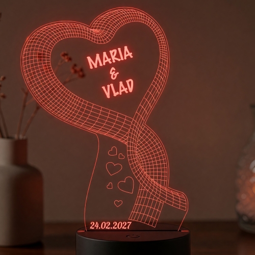 Lampă LED 3D Personalizată – Inimă cu Fundă, Mesaj și Dată
