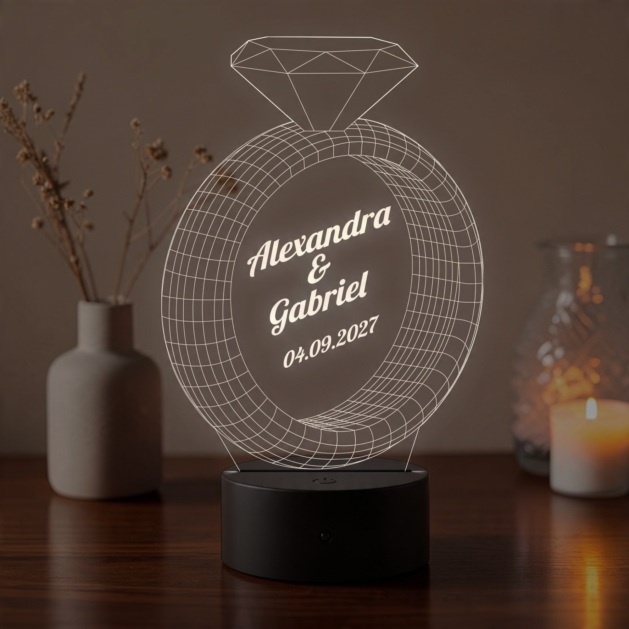 Lampă LED 3D Personalizată – Inel cu Diamant și Mesaj
