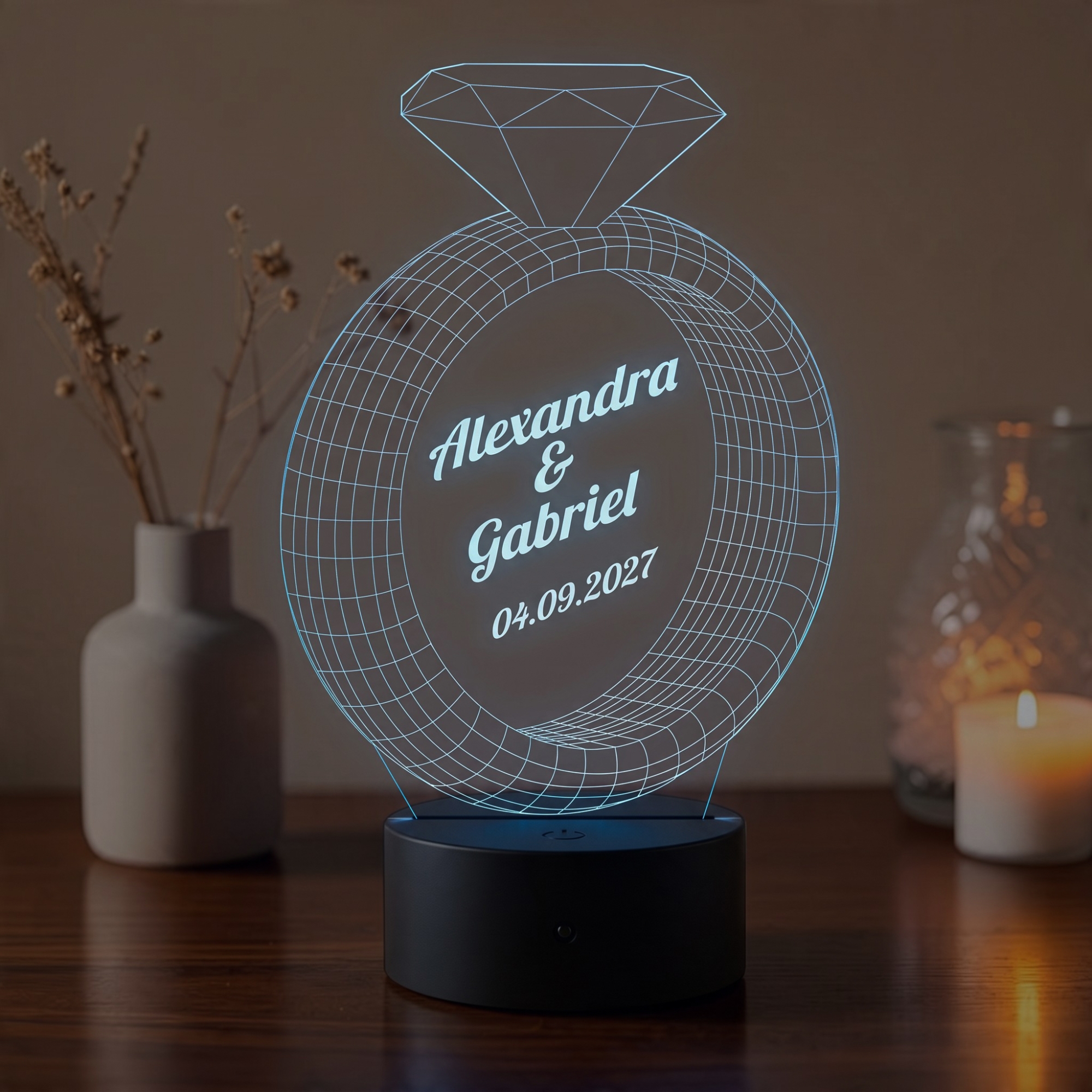 Lampă LED 3D Personalizată – Inel cu Diamant și Mesaj