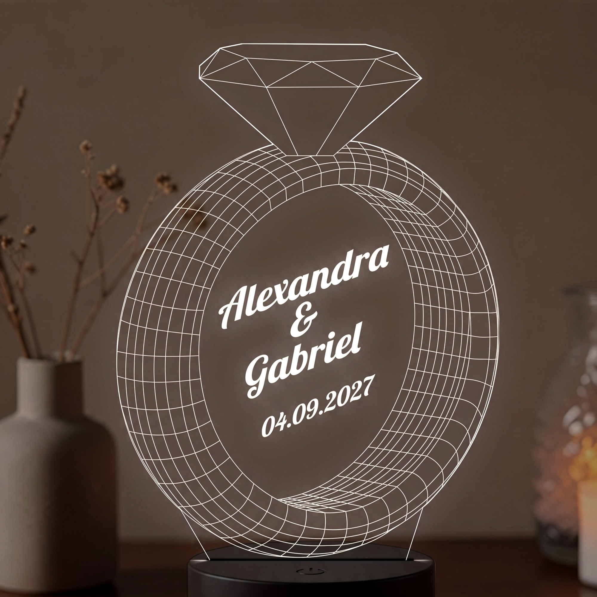 Lampă LED 3D Personalizată – Inel cu Diamant și Mesaj
