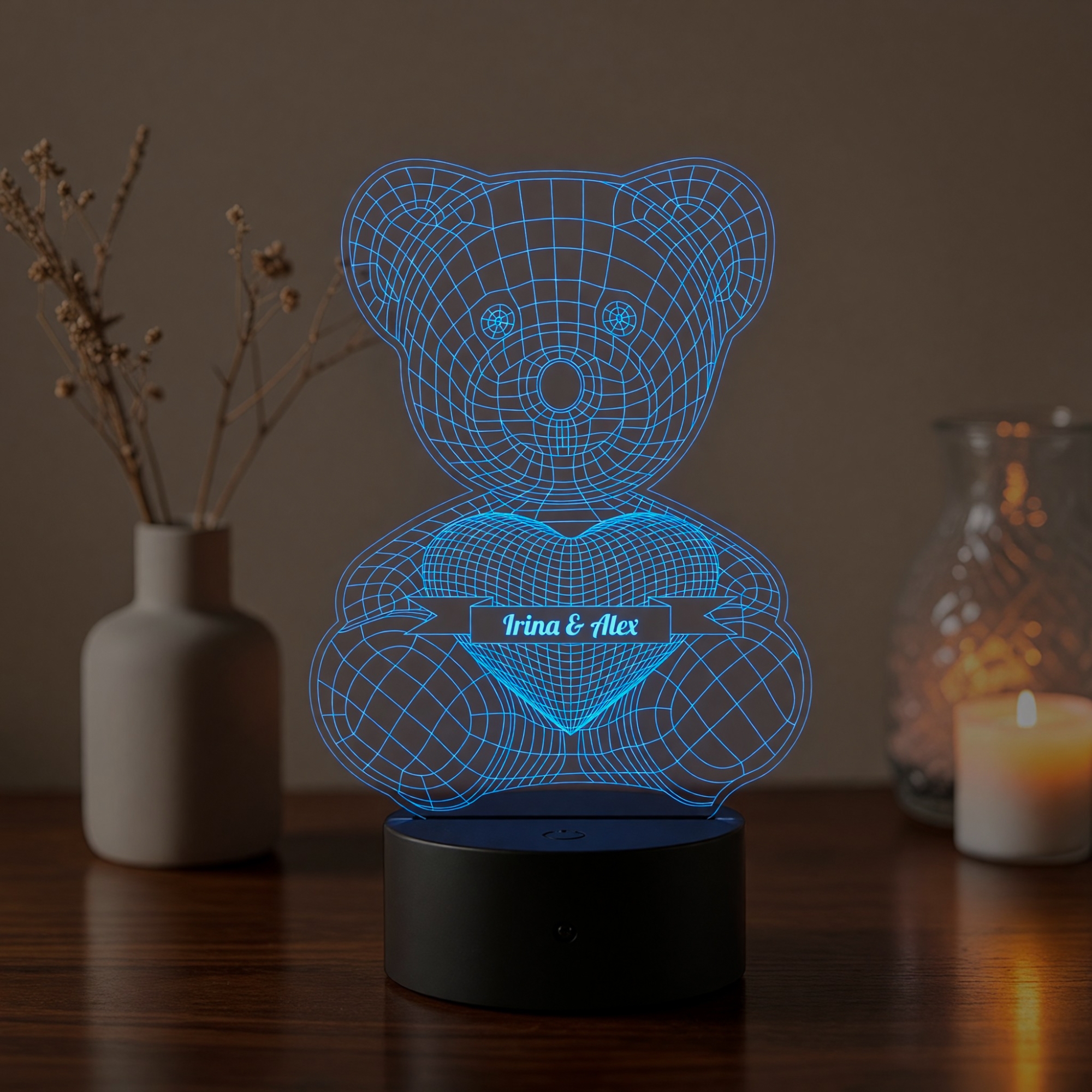 Lampă LED 3D Personalizată – Ursuleț cu Inimă și Mesaj