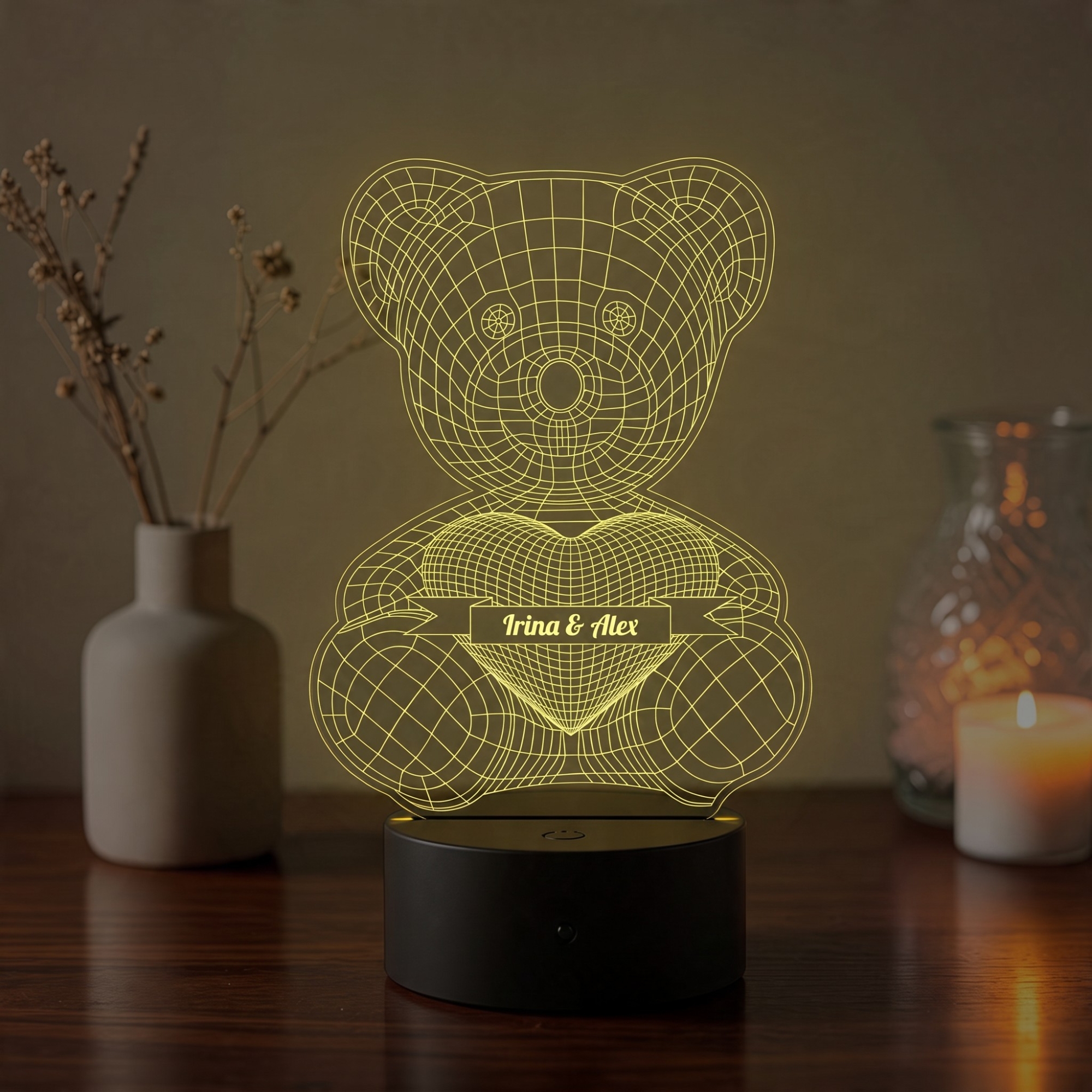 Lampă LED 3D Personalizată – Ursuleț cu Inimă și Mesaj