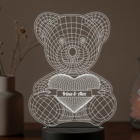 Lampă LED 3D Personalizată – Ursuleț cu Inimă și Mesaj