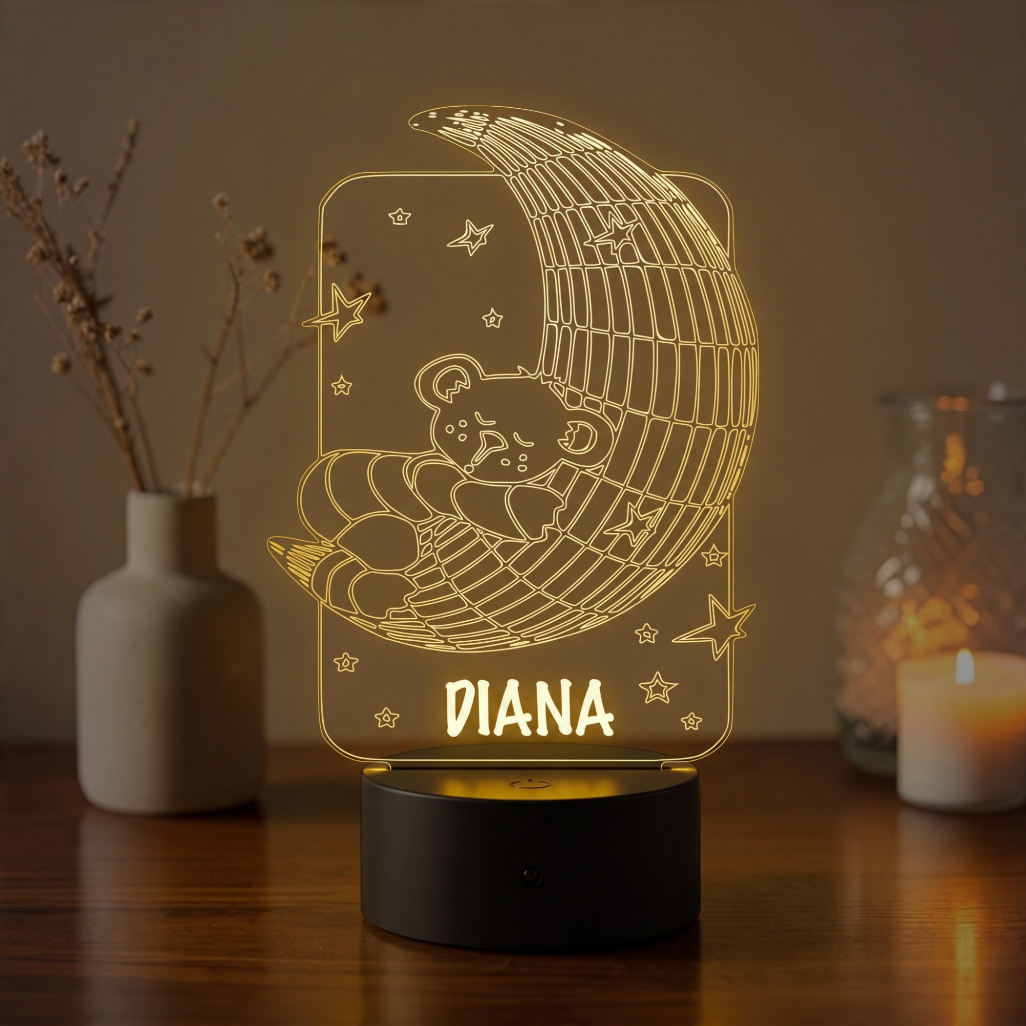 Lampă LED 3D Personalizată – Ursuleț pe Lună cu Nume