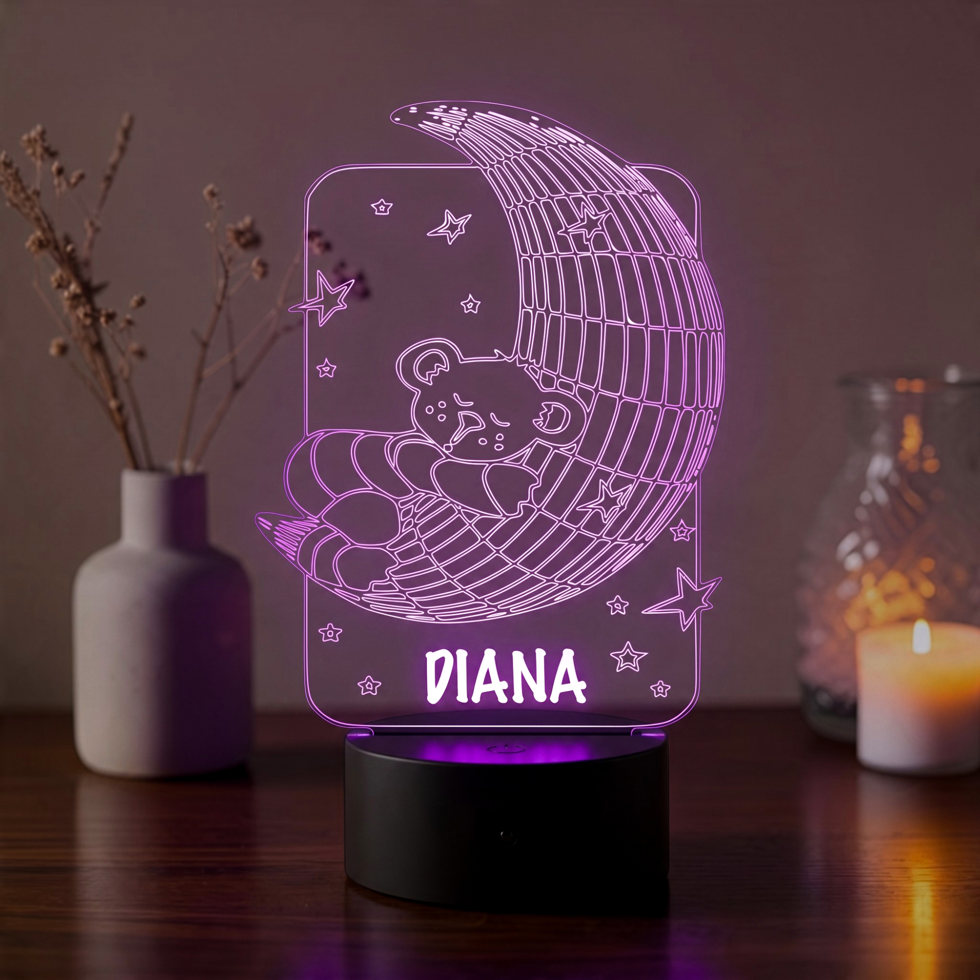 Lampă LED 3D Personalizată – Ursuleț pe Lună cu Nume