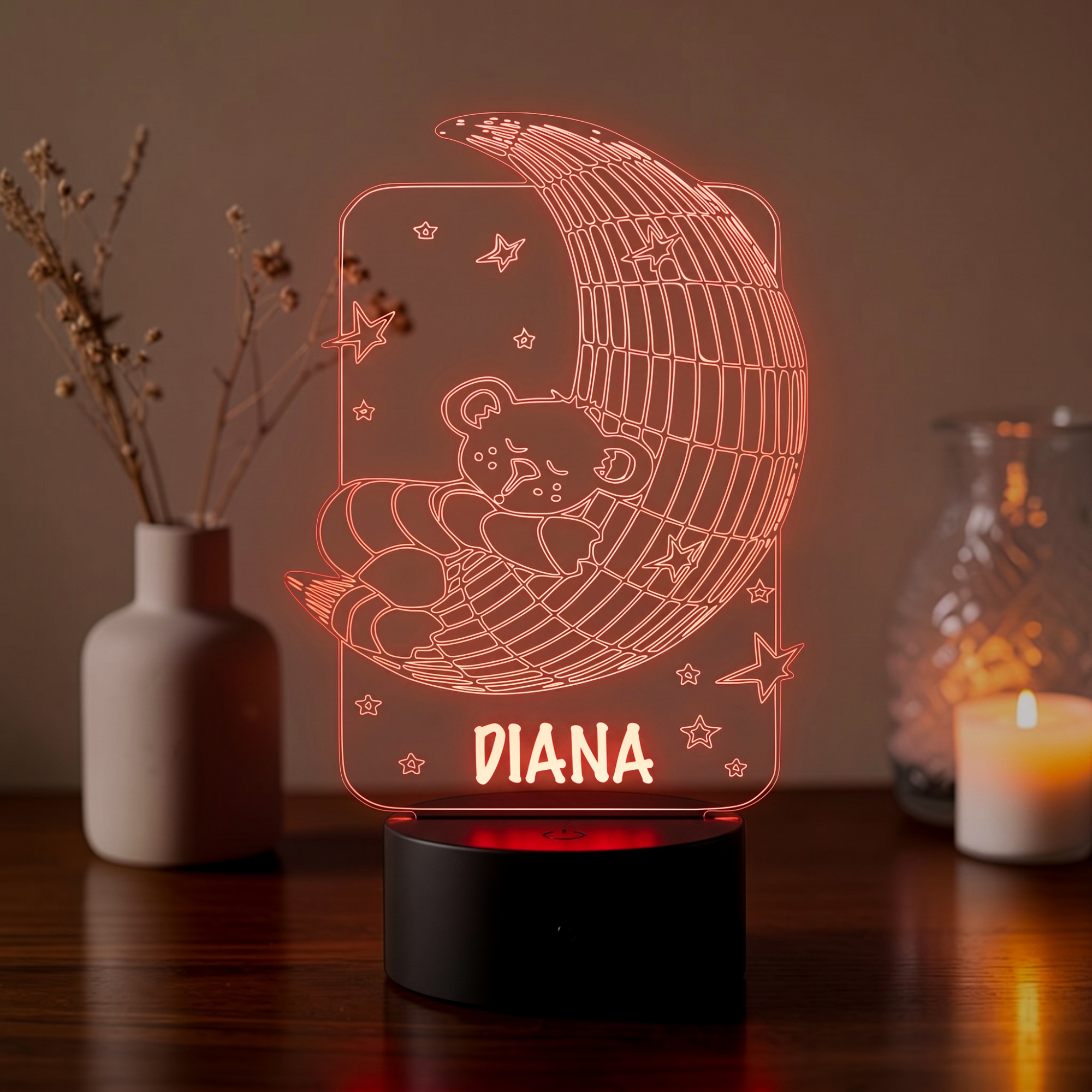 Lampă LED 3D Personalizată – Ursuleț pe Lună cu Nume