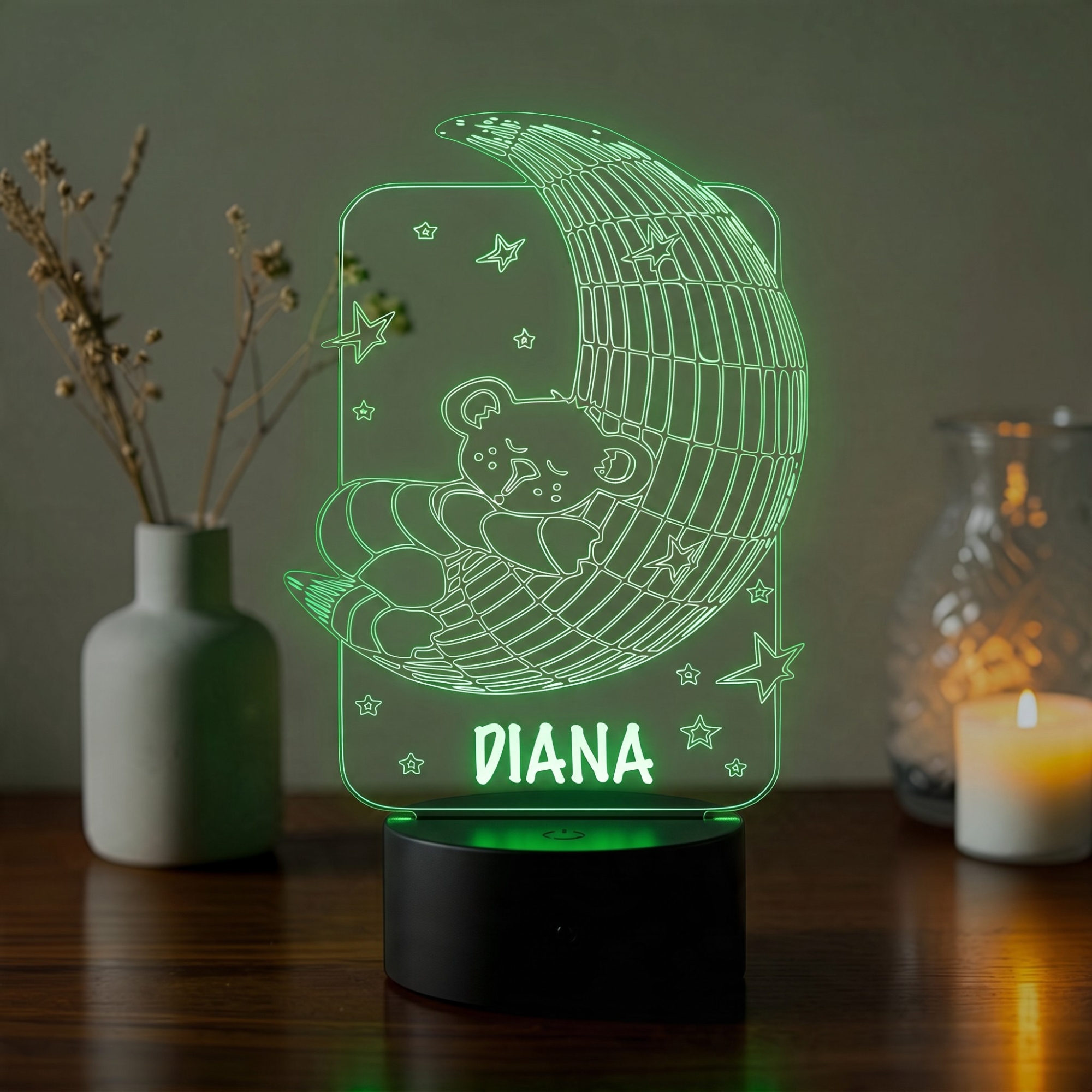 Lampă LED 3D Personalizată – Ursuleț pe Lună cu Nume