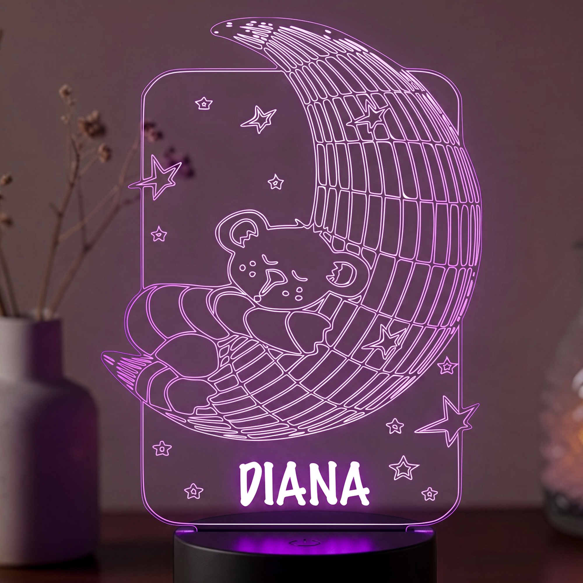 Lampă LED 3D Personalizată – Ursuleț pe Lună cu Nume