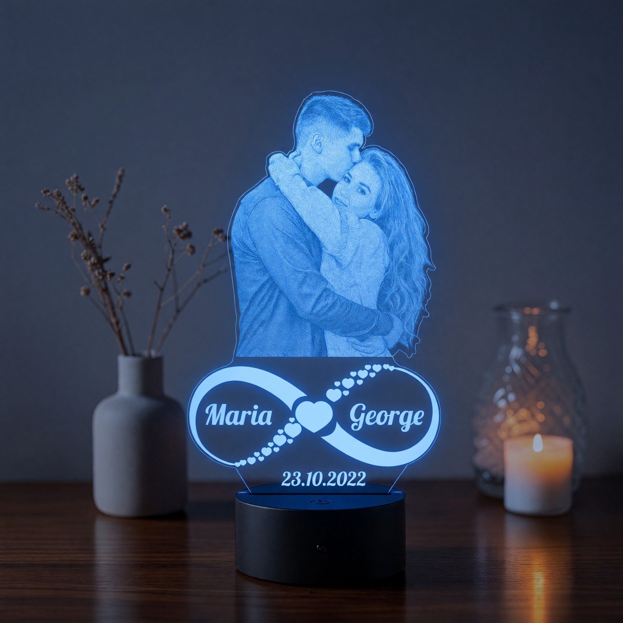 Lampă LED 3D Personalizată – Infinit cu Poză, Două Nume și Dată