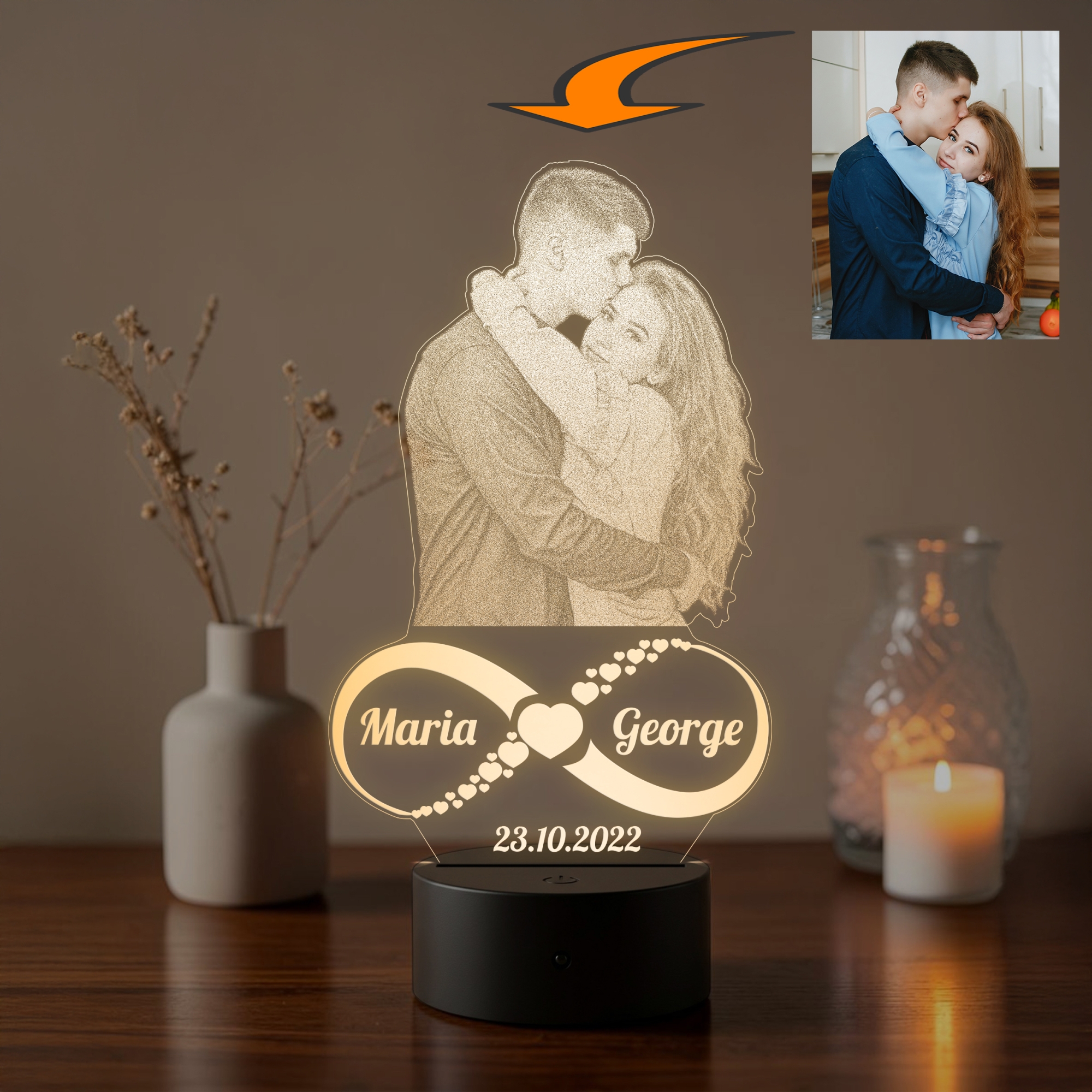 Lampă LED 3D Personalizată – Infinit cu Poză, Două Nume și Dată