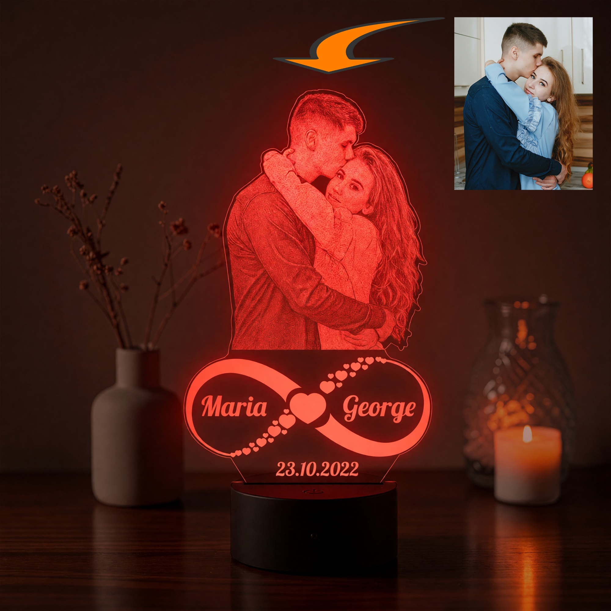 Lampă LED 3D Personalizată – Infinit cu Poză, Două Nume și Dată