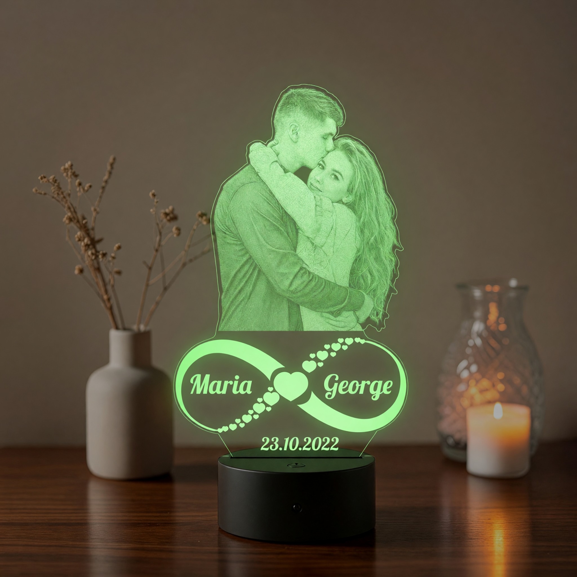 Lampă LED 3D Personalizată – Infinit cu Poză, Două Nume și Dată