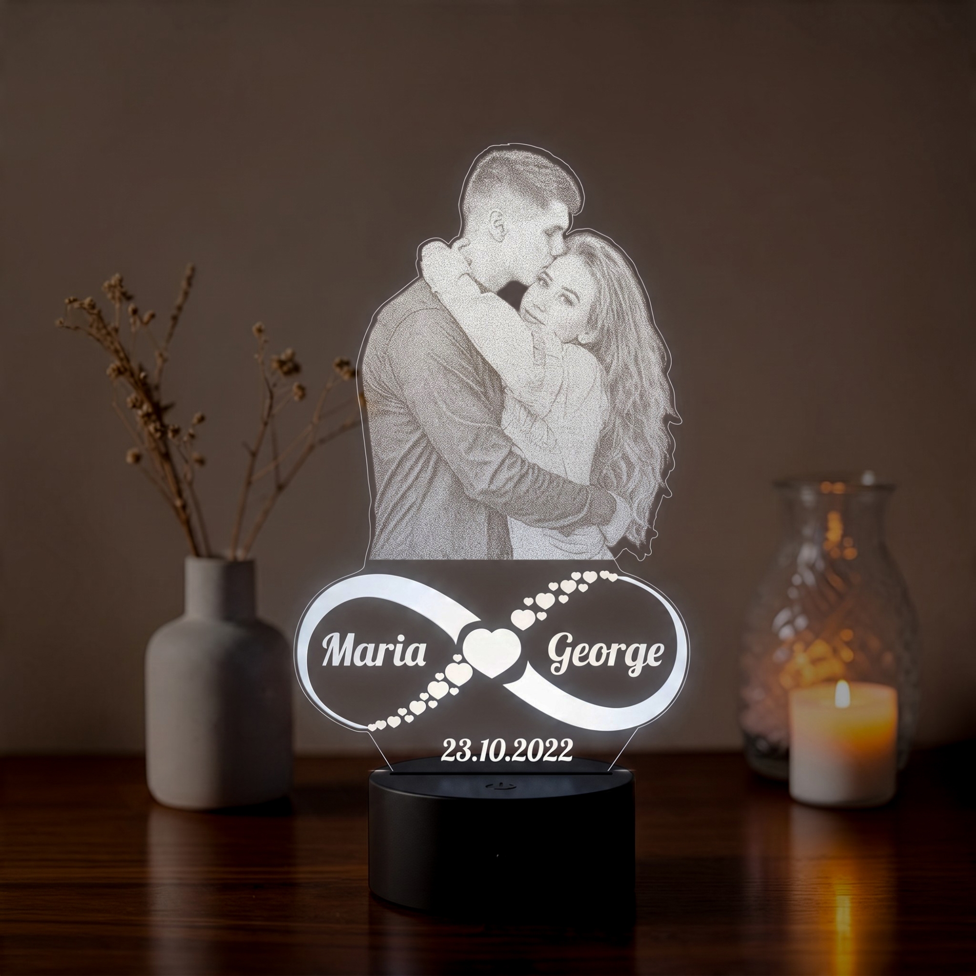 Lampă LED 3D Personalizată – Infinit cu Poză, Două Nume și Dată