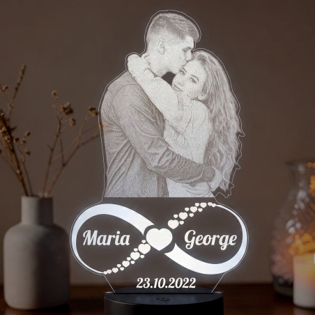 Lampă LED 3D Personalizată – Infinit cu Poză, Două Nume și Dată