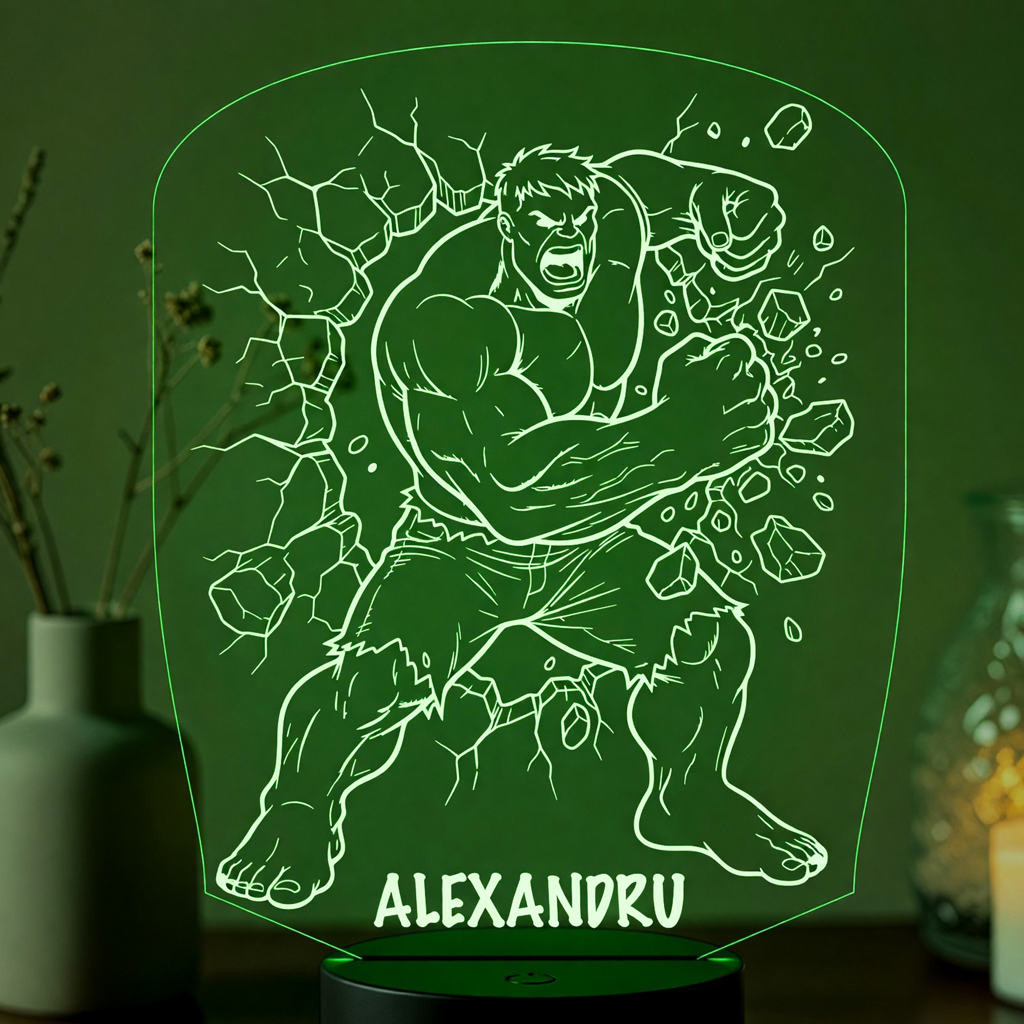Lampă LED 3D Personalizată – Hulk cu Nume