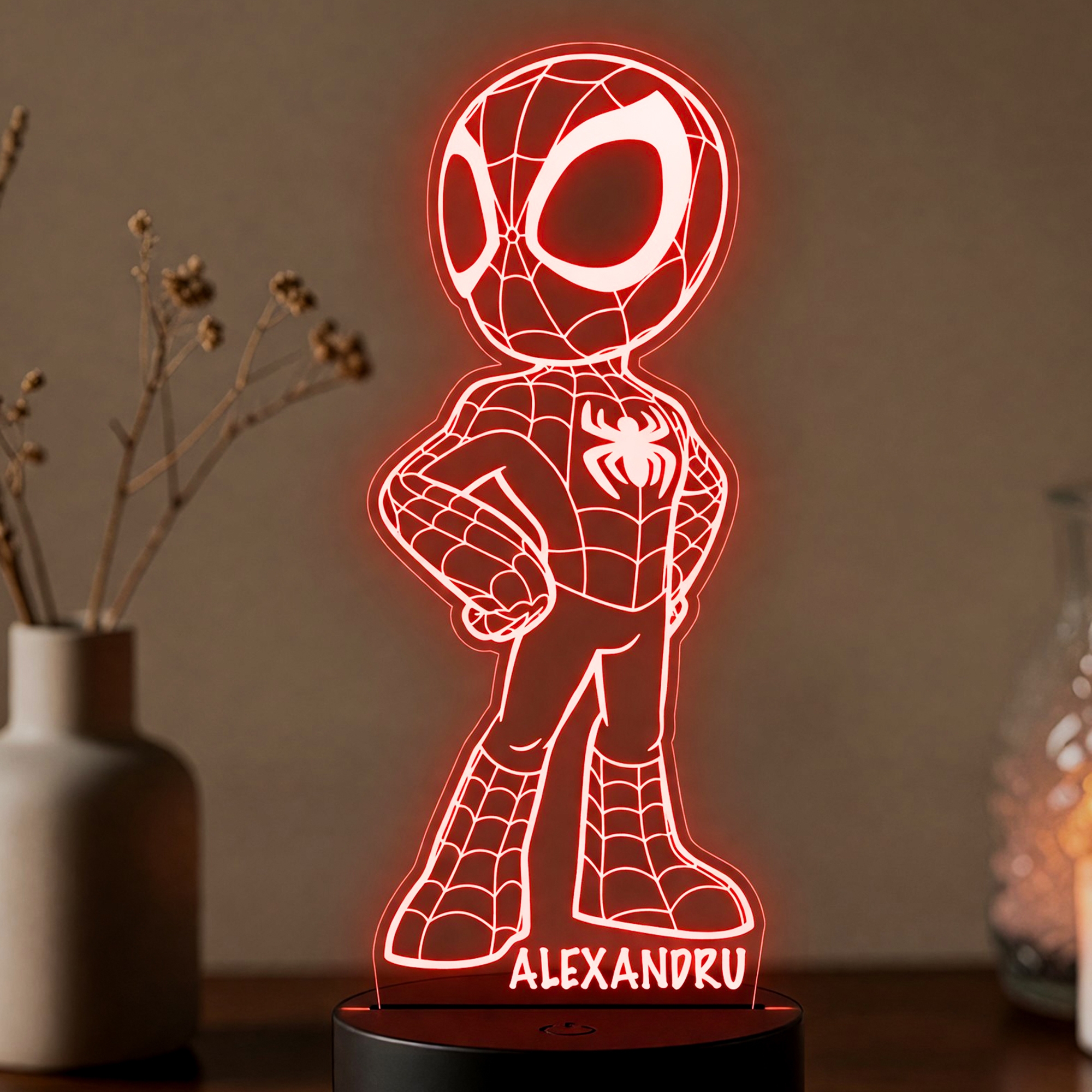 Lampă LED 3D Personalizată – Baby Spider-Man cu Nume
