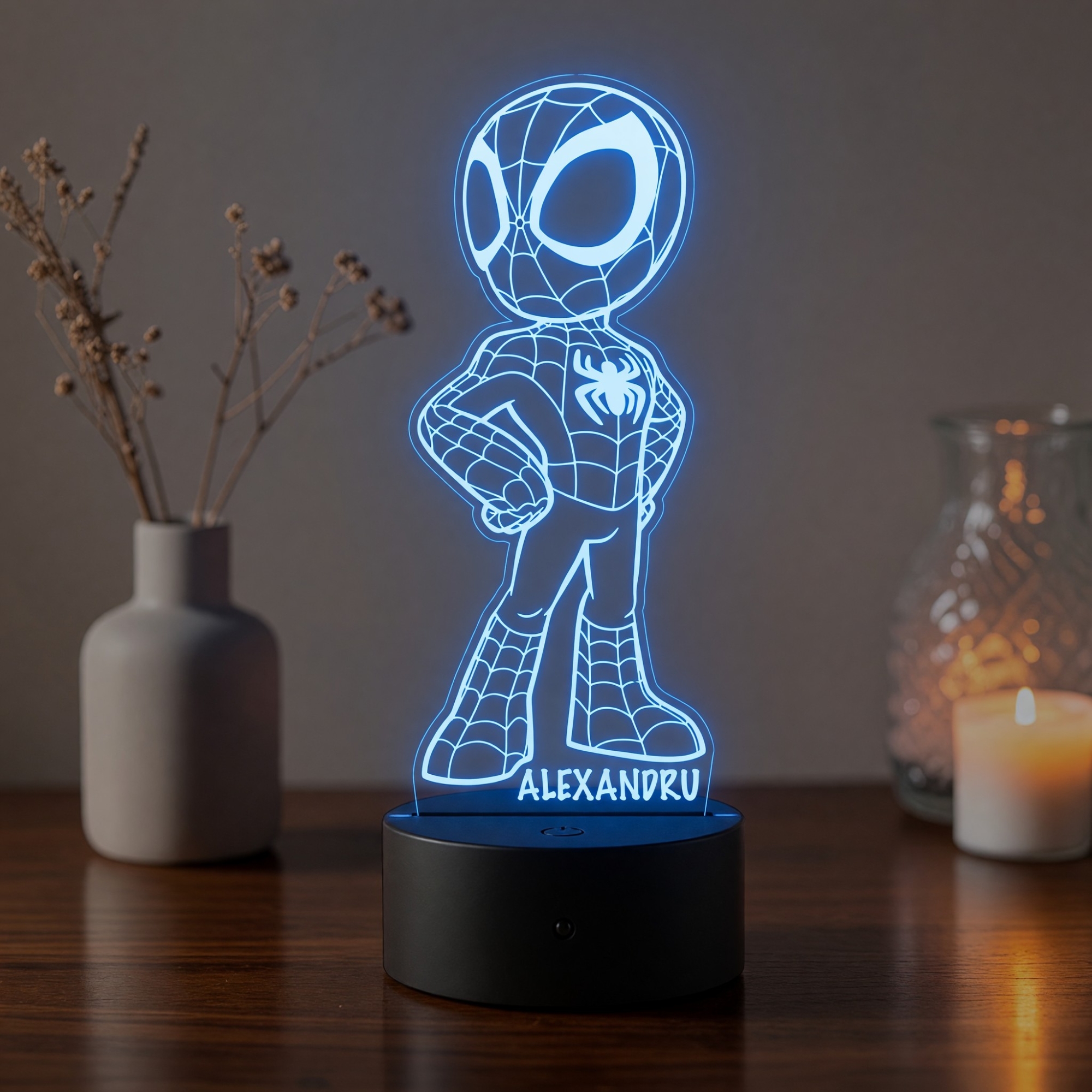 Lampă LED 3D Personalizată – Baby Spider-Man cu Nume