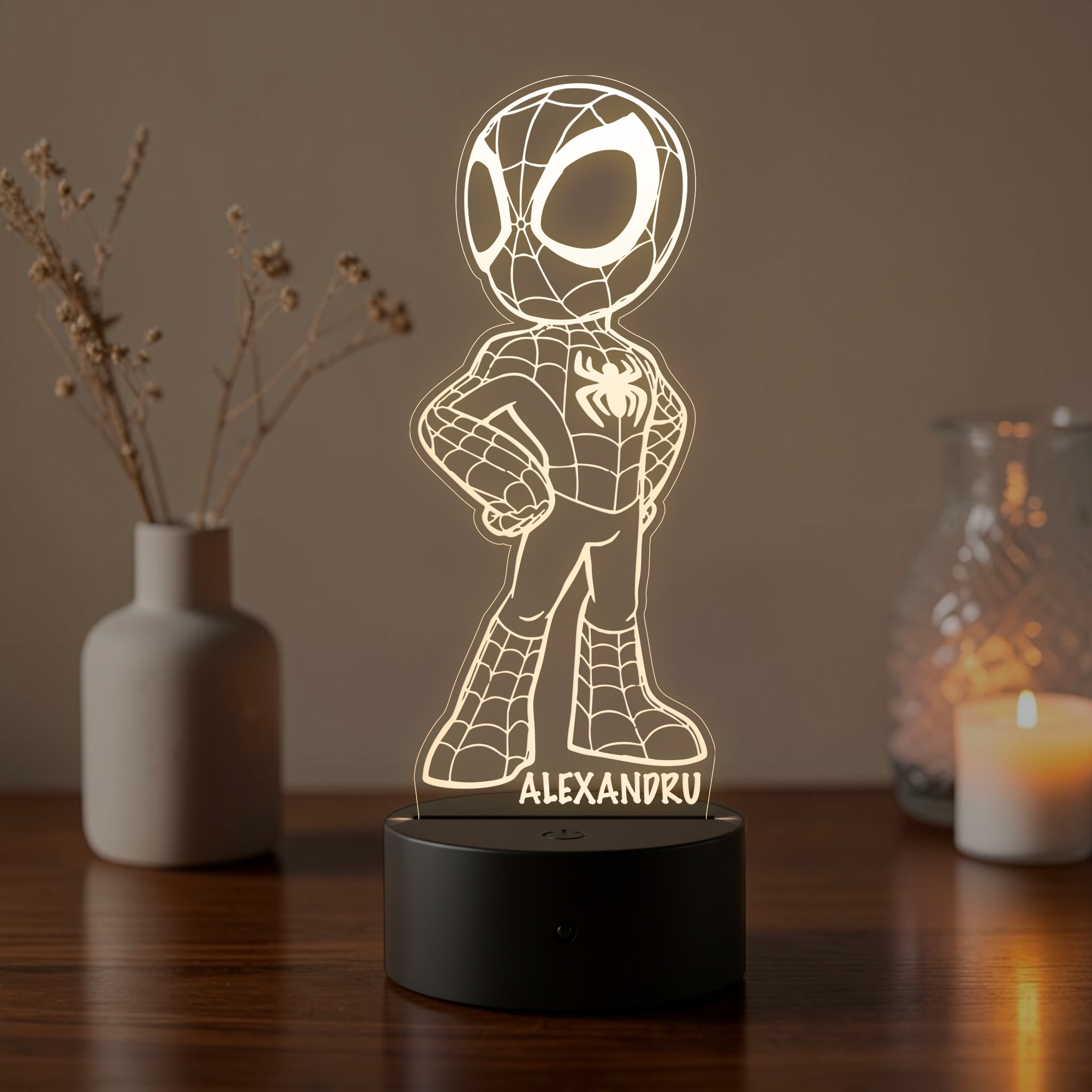 Lampă LED 3D Personalizată – Baby Spider-Man cu Nume