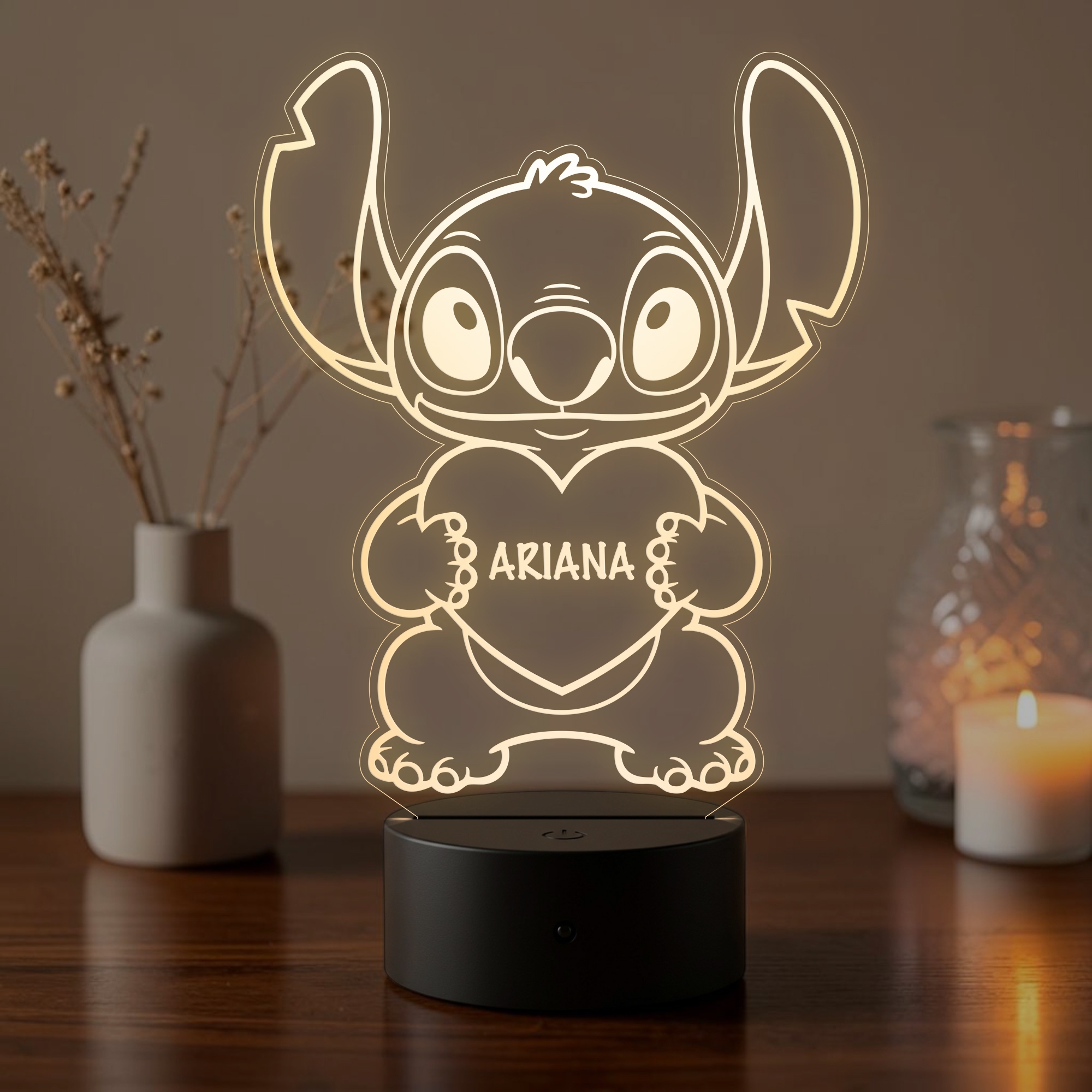 Lampă LED 3D Personalizată – Stitch cu Inimă și Nume