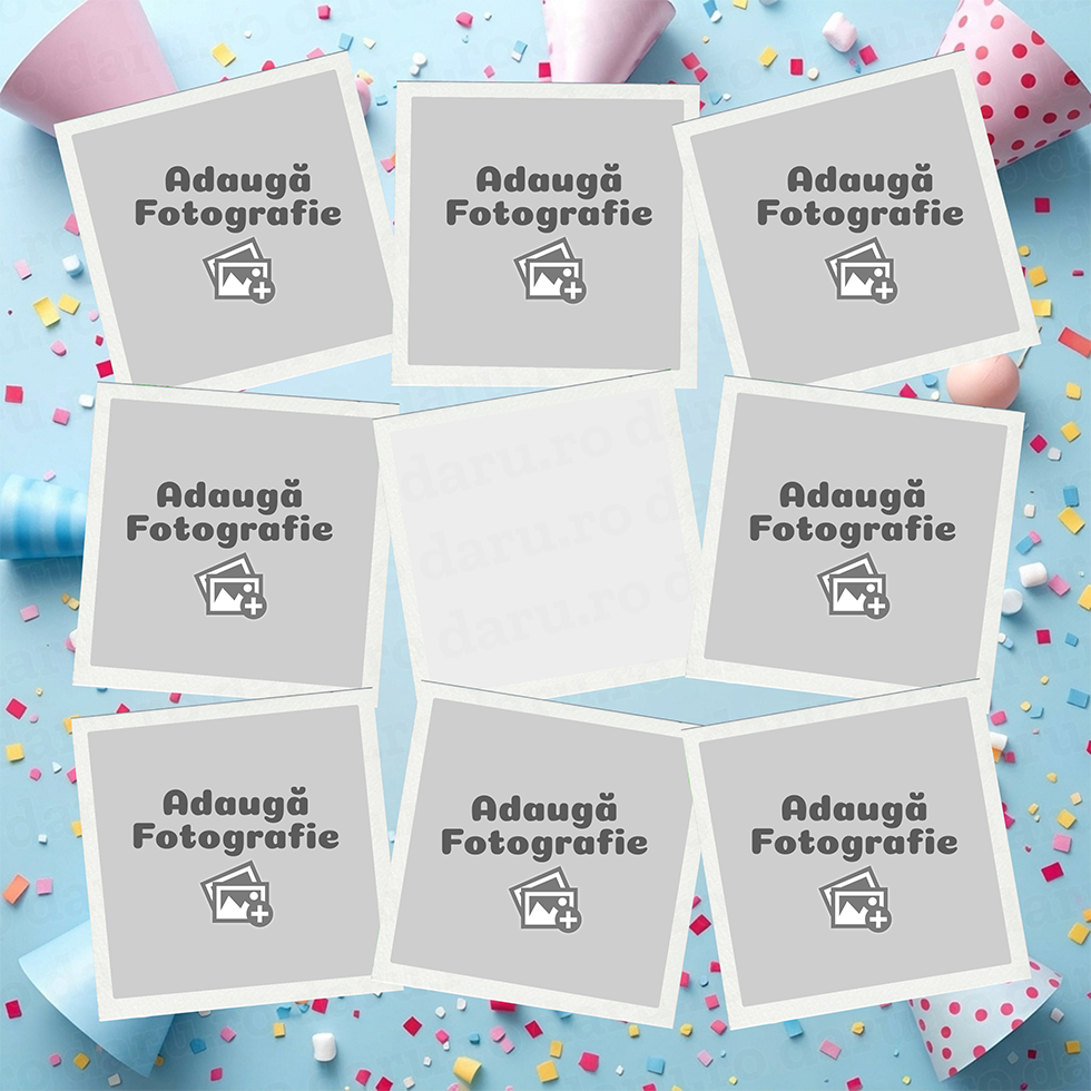 Placă de Ardezie Pătrată Personalizată cu 8 Poze și Text – Petrecere Bleu - Vedere Background